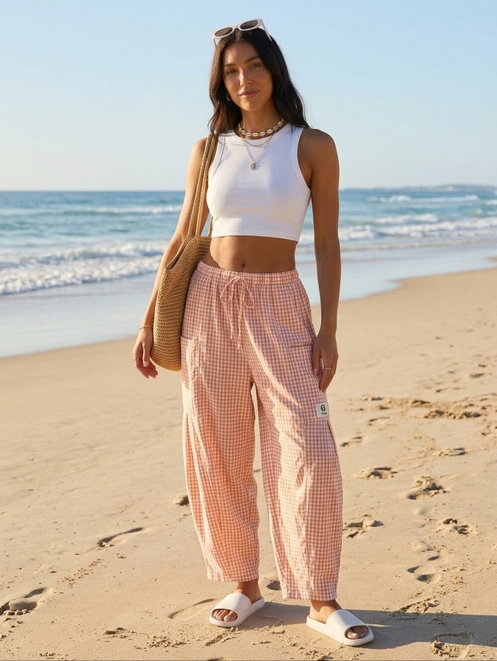 Tarse Pink Gingham Linen Blend Wide-Leg Drawstring Pants Size Small